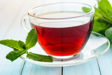 Glass cup of tea and fresh mint leaves