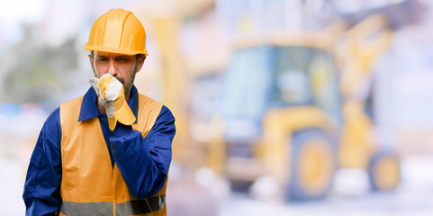 Senior engineer man, construction worker sick and coughing, suffering asthma or bronchitis, medicine concept at work - obrazy, fototapety, plakaty