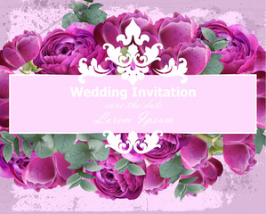 Wedding Invitation Peonies bouquet Vector. Vintage floral decor violet colors