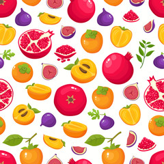 Vector pattern with fig, persimmon, pomegranate isolated on white.