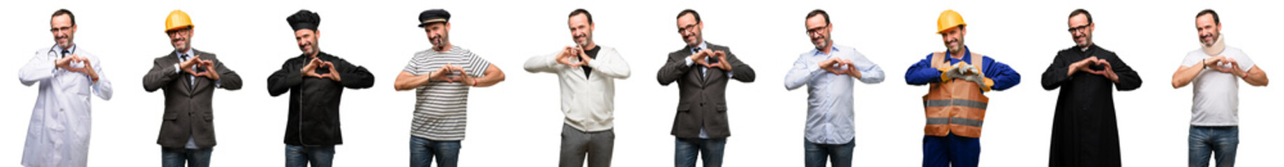 Senior man, different professionals happy showing love with hands in heart shape expressing healthy...