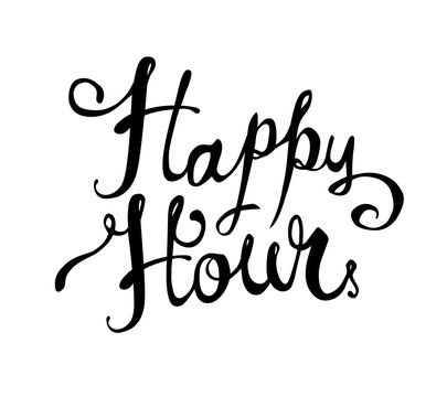 Happy hour. Hand written doodle words on white