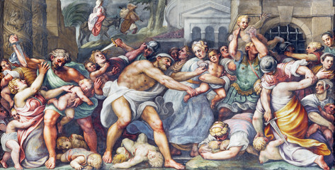 PARMA, ITALY - APRIL 16, 2018: The fresco of Macacre of Inocents in Duomo by Lattanzio Gambara...