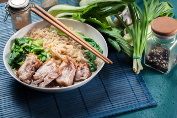 Ramen. Japanese noodle soup with pork