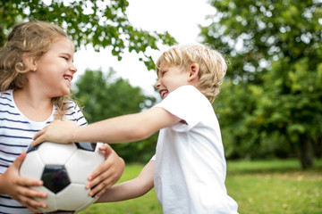 Zwei Kinder streiten um Ball im Park