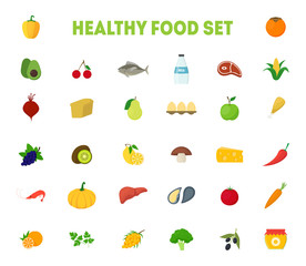 Cartoon Healthy Food Signs Color Icons Big Set. Vector