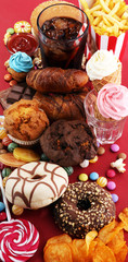 Unhealthy products. food bad for figure, skin, heart and teeth.