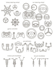 Equipment for transport driving set. Helmet, rudder, steering wheels thin line icons