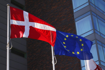 European Union EU and danish flag for Denmark on a pole waving in the wind with a blue sky on a sunny day as background - obrazy, fototapety, plakaty