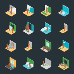 Home Repair Worker People 3d Icons Set Isometric View. Vector