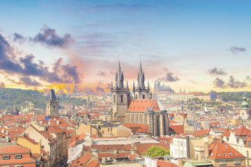 Fototapeta premium Beautiful view of the Old Town Square, and Tyn Church and St. Vitus Cathedral in Prague, Czech Republic