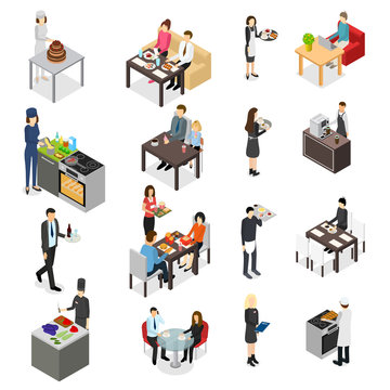 Restaurant Cafe or Bar Personnel People 3d Icons Set Isometric View. Vector