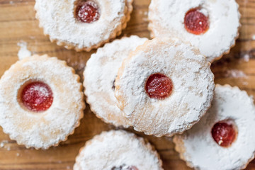 Jam Filled Round Linzer Cookies with Powder Sugar