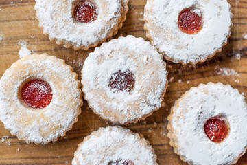 Jam Filled Round Linzer Cookies with Powder Sugar
