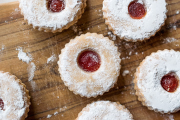 Jam Filled Round Linzer Cookies with Powder Sugar