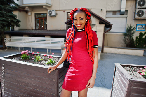 Cute And Slim African American Girl In Red Dress With