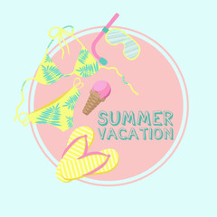 Vector image of ice cream, beach slippers, bathing suits and swimming masks with the inscription summer vacation! The way of application, print on clothes, showcases, banners