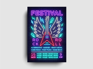 Rock music concert poster vector. Design Template Rock Music Festival, Neon Style, Neon Banner, Light Flyer, Concert Invitation, Rock Roll Music, Night Party Invitation. Vector illustration