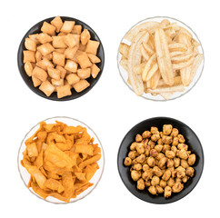 Collage of Indian Spicy and Sweet Shakkar pare, Banana Chips, Soya Chips, Sing Bhujia Also Know As Masala Peanuts isolated on White Background