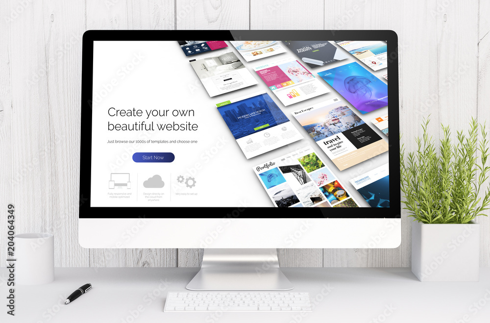 Poster white workspace with computer website builder