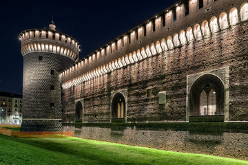 Sforza castle at night in Milano, Italy