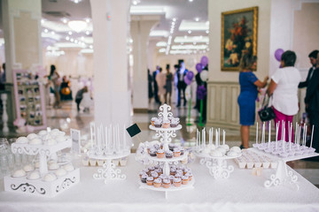 Сandy bar on wedding banquet. Delicious desserts and cake.