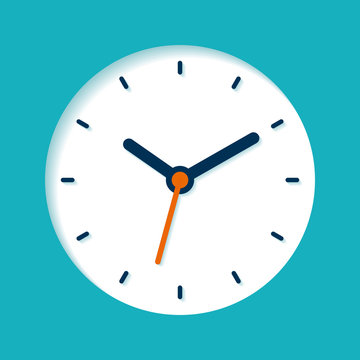 Clock icon in flat style, round timer on blue background. Business watch. Vector design element for you project