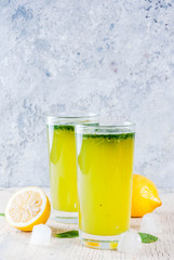 Indian traditional drink, Mint Masala Soda cocktail with lemon, mint and spices, light concrete background, copy space