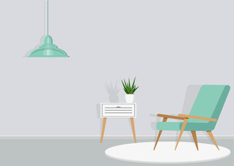 Mint-colored chair in minimalism style on a white wall background. Fresh, minimalistic interior design.Vector flat illustration.