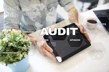 Audit business concept. Auditor. Compliance. Virtual screen technology.
