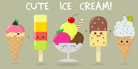 A set of five different sweet ice cream smiley on a background with text. Cartoon Style. Flat , vector illustration.