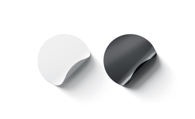 Blank black and white round adhesive stickers mockup with curved corner. Empty circle sticky label...