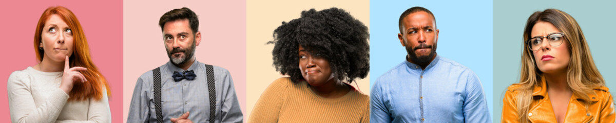 Cool group of people, woman and man doubt expression, confuse and wonder concept, uncertain future