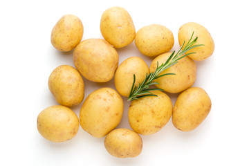 New potato and rosemarin isolated on white background close up.