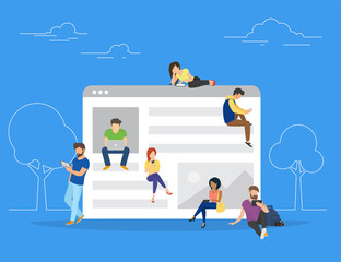 Web site surfing concept vector illustration of young people using mobile gadgets such as smarthone, tablet and laptop to be a part of online community. Flat guys and young women on big website page