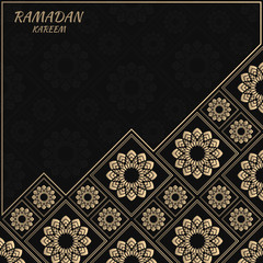 Vector card with floral tiles. Islamic design. Golden foil decorative elements. Gold and black background.
