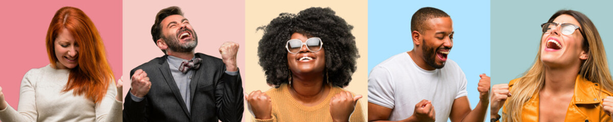 Cool group of people, woman and man happy and excited celebrating victory expressing big success,...