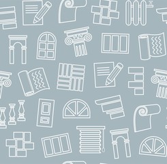 Decoration materials, construction, seamless pattern, outline drawing, blue, vector. Finishing of premises and buildings. Plain, flat background. Linear white pattern on a gray-blue field. 
