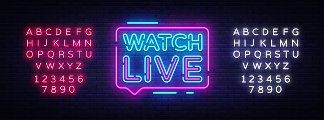 Watch Live tag neon sign. Neon Text Watch Live. Online View. Vector illustration. Editing text neon sign