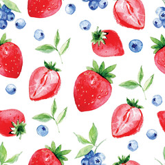 Seamless pattern of watercolor strawberry and blueberry on white