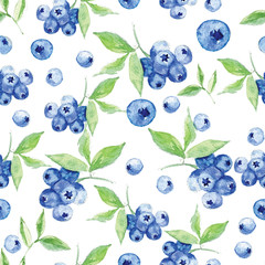 Seamless pattern of watercolor and blueberry on white background