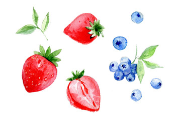 Set of watercolor strawberry and blueberry on white background - 204071728