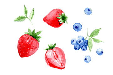 Set of watercolor strawberry and blueberry on white background - 204071781