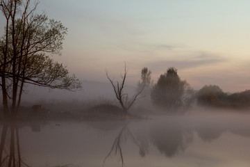 Foggy sunset on the lake