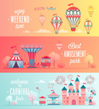 Set of Amusement park landscape banners.