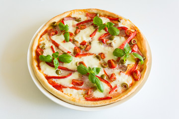Fresh pizza with tomatoes, cheese mozzarella, red pepper and olives decorated basil leaves on white wooden table. Close up
