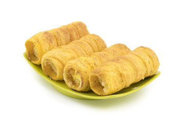 Sweet Dish Puff Roll with Cream Also Know As Homemade Cream Roll, Bakery Food Isolated on White Background