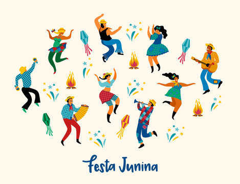 Festa Junina. Vector illustration of funny dancing men and women in bright costumes.