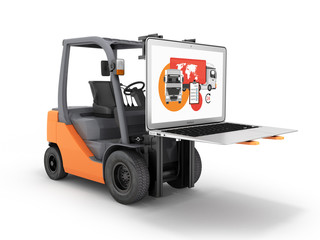 Concept logistics of loading and delivery The forklift lifts the laptop isolated on white background 3d