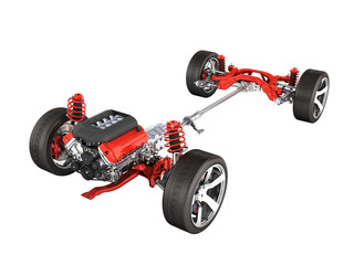 Undercarriage in detail Suspension of the car with wheel and engine isolated on white background 3d without shadow
